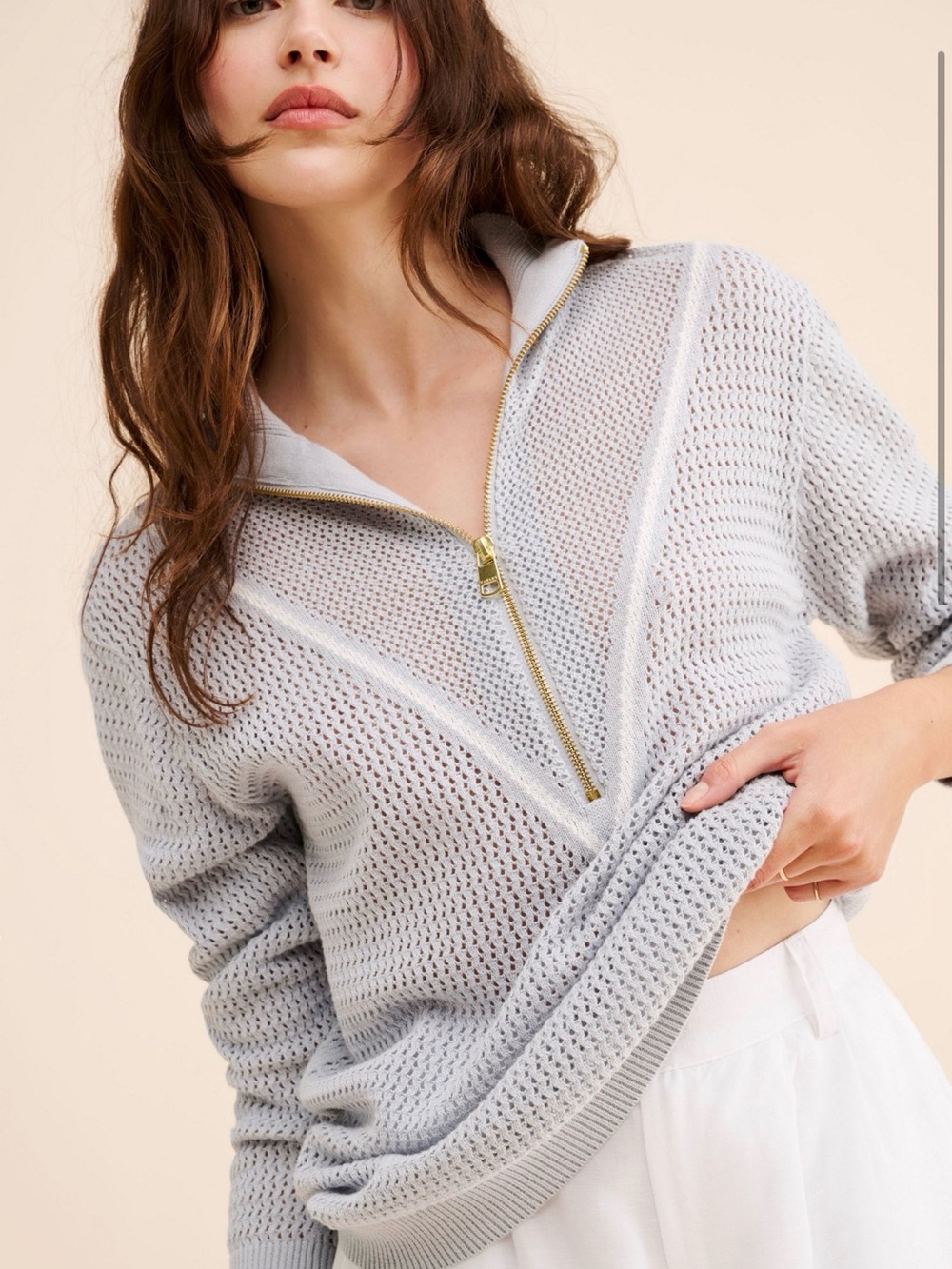 Varley Light Gray “Calva” Open-Knit V-Neck Half-Zip Sweater, size Medium